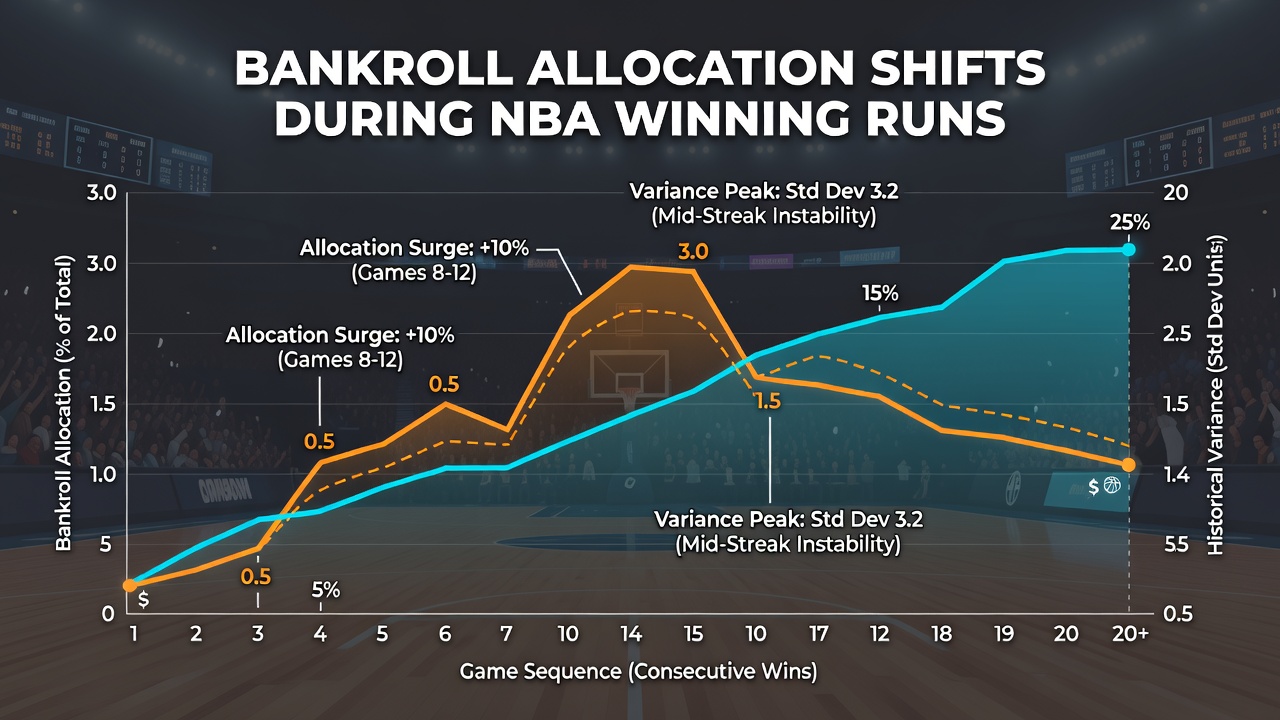 Detailed chart illustrating percentage changes in bankroll allocation during NBA streaks of varying lengths with variance bands highlighted