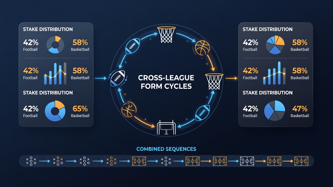 Chart displaying stake distribution adjustments based on cross-league form cycle intersections in football and basketball