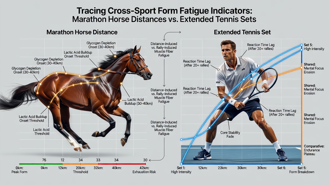 Side-by-side comparison charts of horse stride fatigue and tennis player movement decline during long events