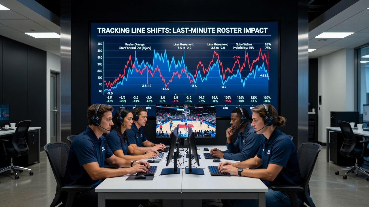 Analyst reviewing multiple betting odds screens showing live line movements during a basketball broadcast