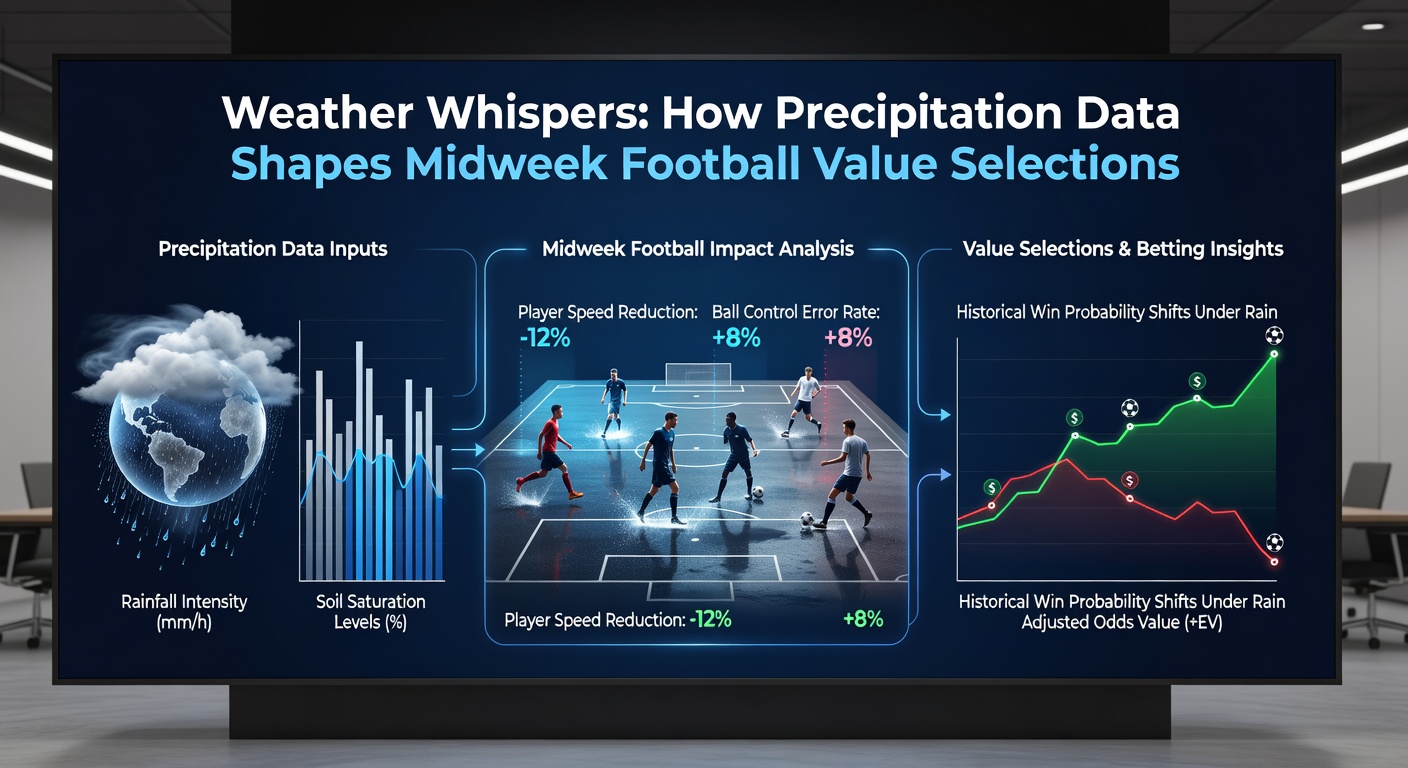 Data analysts reviewing precipitation maps overlaid with football match statistics on multiple screens